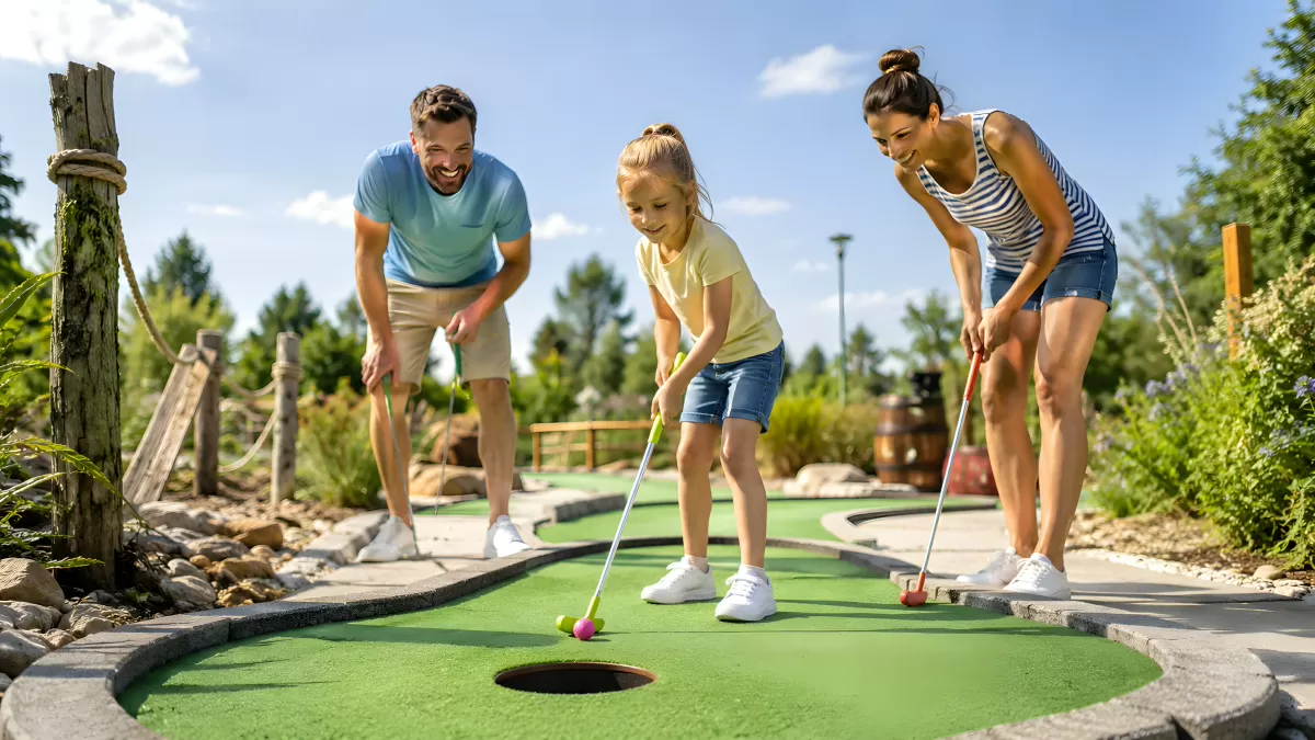 Familie spielt Minigolf an einem sonnigen Sommertag