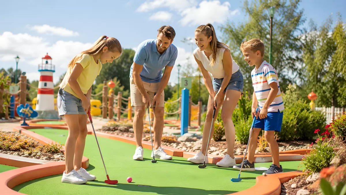 Familie spielt Minigolf an sonnigem Sommertag