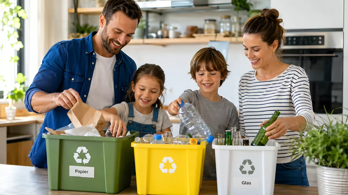 Familie trennt gemeinsam Müll in der Küche