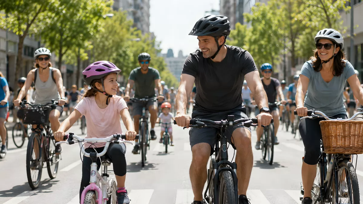 Familie und Kinder beim gemeinsamen Radfahren in der Stadt