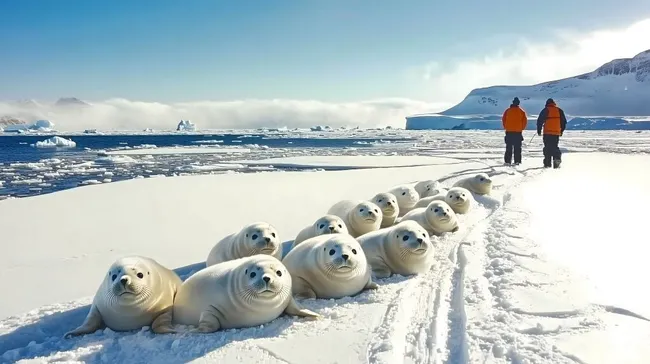Familie von Babyrobben auf Arktis-Eisfeld