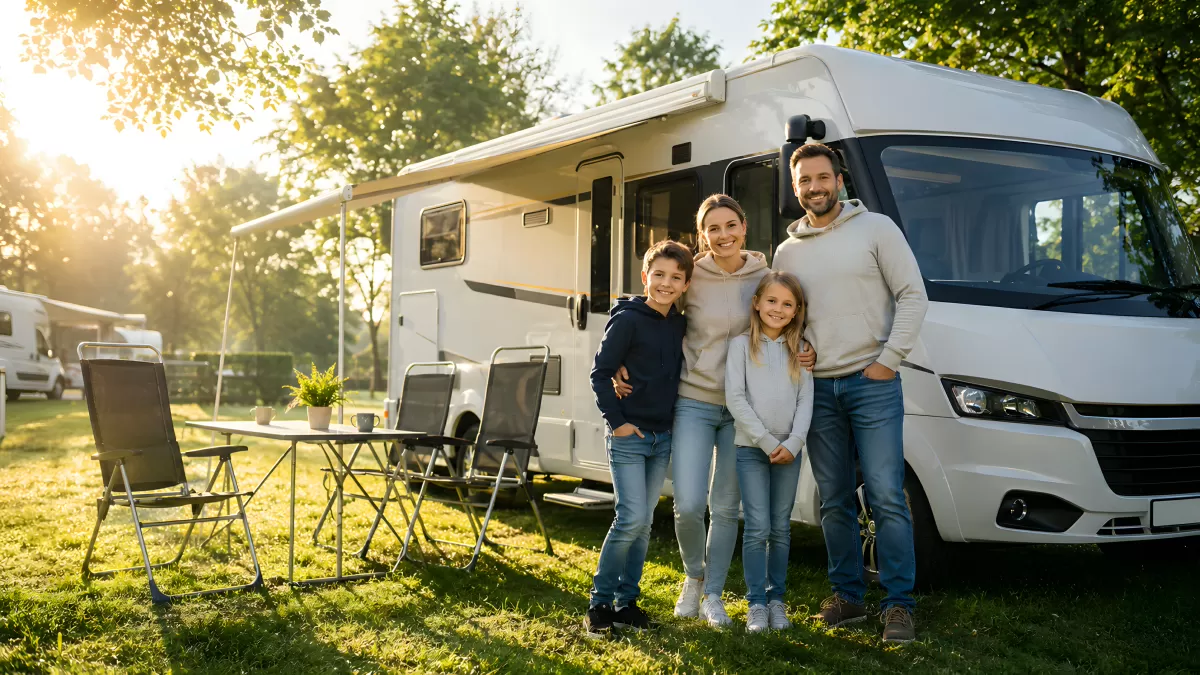Familie vor Wohnmobil auf Campingplatz im Sommer