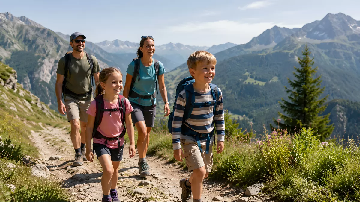 Familie wandert glücklich durch Berglandschaft im Sommer