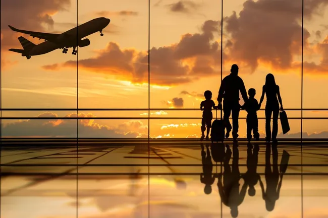 Familie wartet am Flughafen auf Abreiseflug in Urlaub