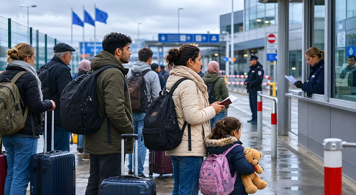 Familie wartet an europäischer Grenzstation