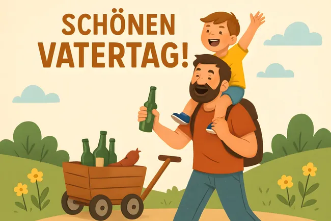 Familienfeier am Vatertag - Vater mit Kind und Bollerwagen