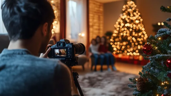 Familienfoto vor Weihnachtsbaum mit Fotografen