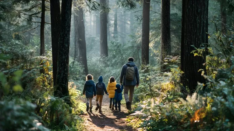 Familienwanderung mit Kindern auf Waldweg im Morgenlicht