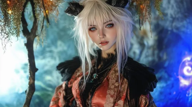 Fantasie-Cosplay mit Katzenohren und blondem Haar