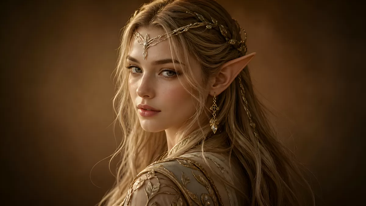 Fantasie-Elfe mit goldenem Haarschmuck im Porträt