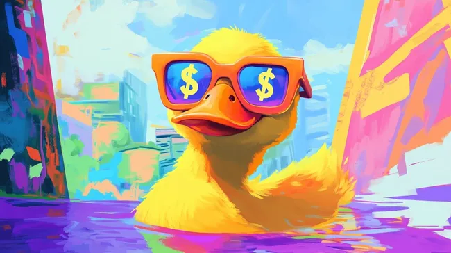 Fantasie-Ente mit Dollar-Sonnenbrille im bunten Stadtbild