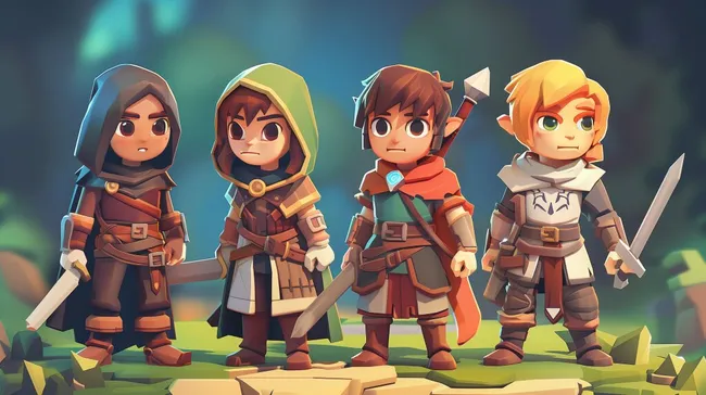 Fantasie-Helden: Vier RPG-Charaktere in bunter Umgebung