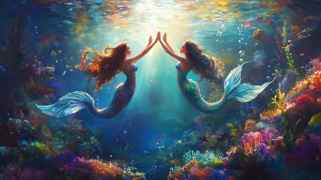 Fantasie-Meerjungfrauen umarmen sich unter Wasser