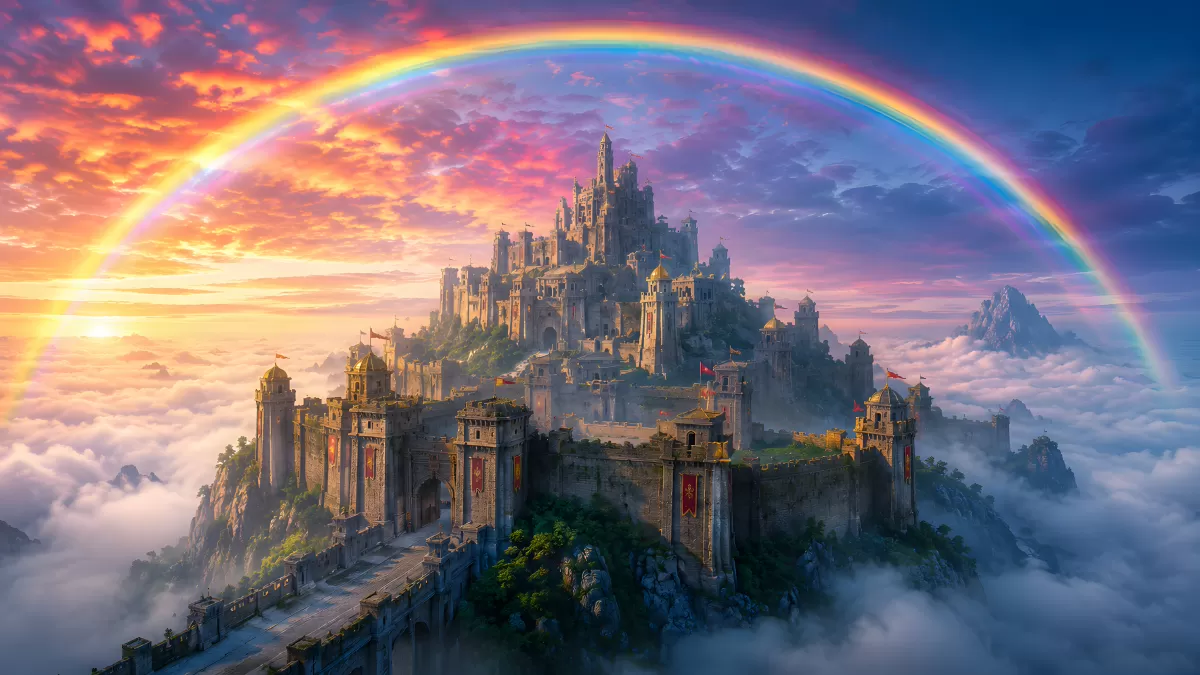 Fantasieburg auf Berggipfel mit Regenbogen und Wolken