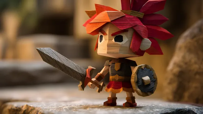 Fantasiefigur aus Papier mit Schwert und Schild