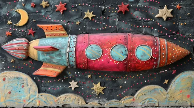 Fantasievoll bemalte Rakete mit Sternen und Mond