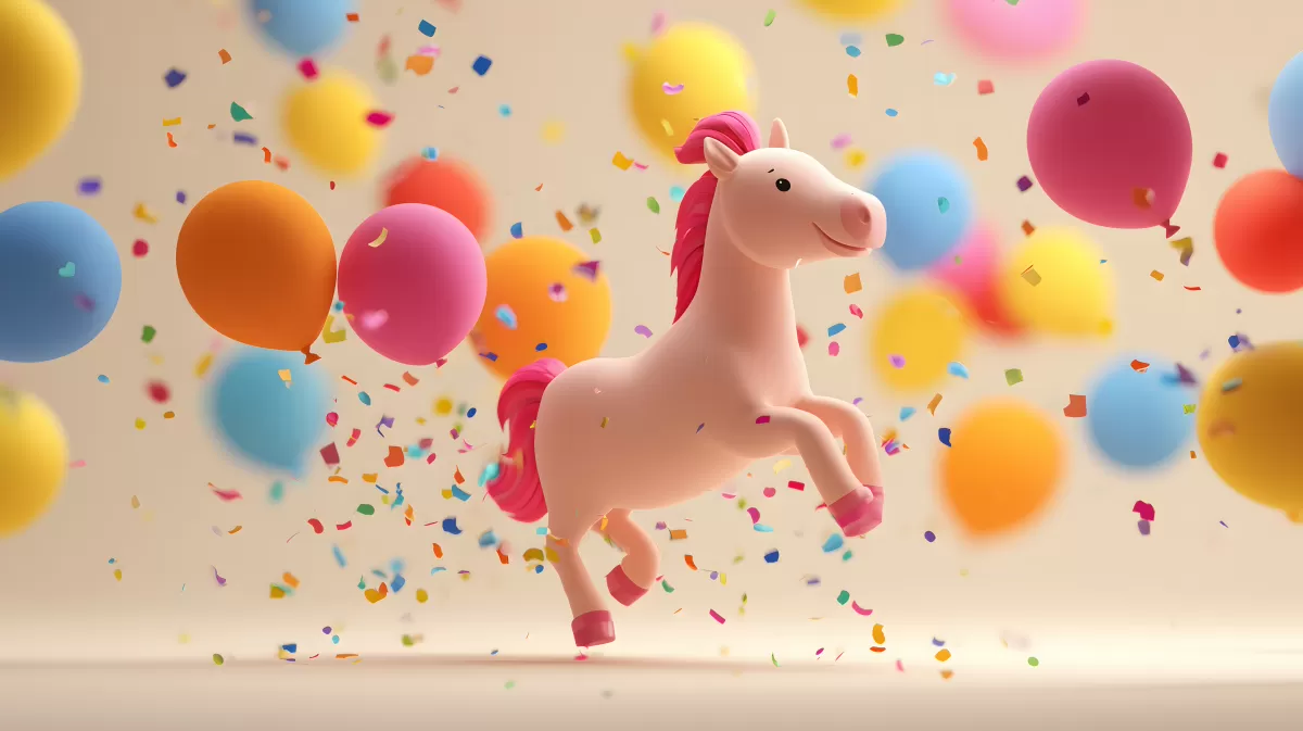 Fantasievoll-dekoriertes Einhorn vor Luftballons und Konfetti