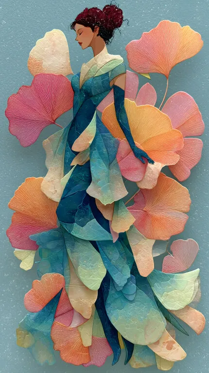 Fantasievoll gestaltete Frau umgeben von bunten Blütenblättern