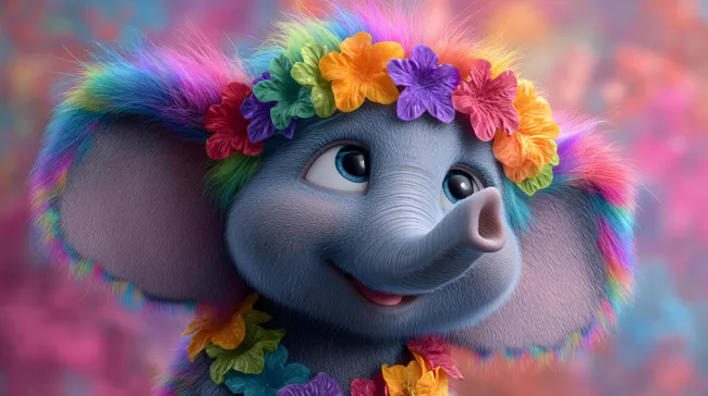 Fantasievoll gestalteter Cartoon-Elefant mit buntem Blumenkranz