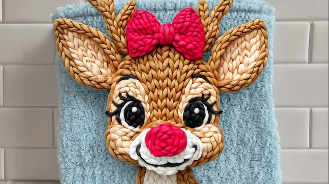 Fantasievoll gestaltetes Rentier-Geschöpf mit roter Schleife