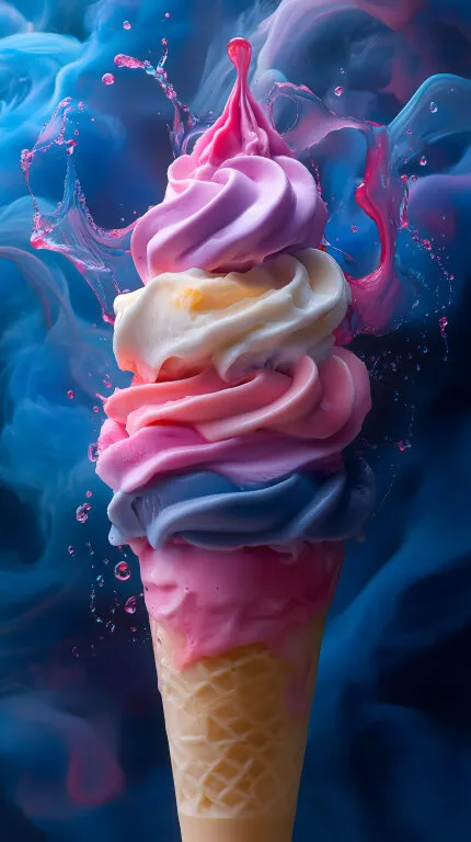 Fantasievoll gestaltetes Softeis-Dessert in Blau, Rosa und Weiß