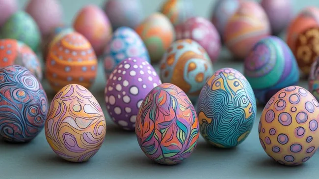 Fantasievolle, handbemalte Ostereier in Pastellfarben