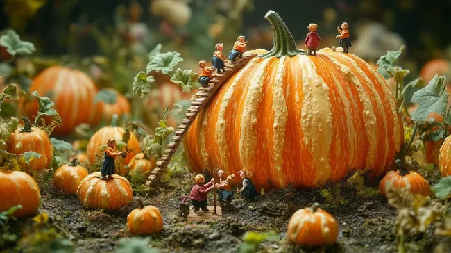 Fantasievolle Herbstwelt mit Kürbissen und Zwergen