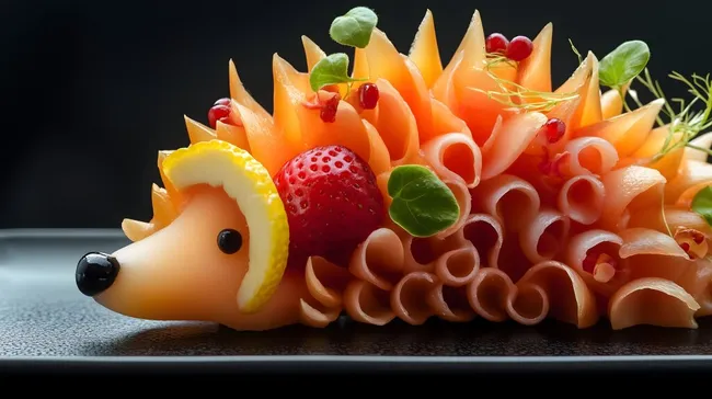 Fantasievolle Obst-Skulptur in Igel-Form