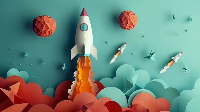 Fantasievolle Papierraumraketen vor mintfarbenem Hintergrund