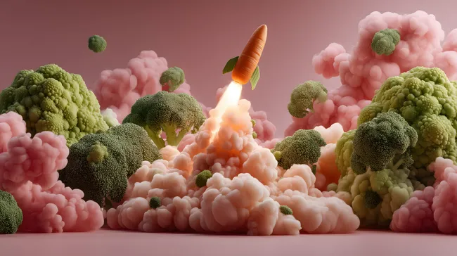 Fantasievolle Raketenmotiven aus Brokkoli und Rauch