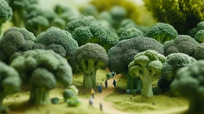 Fantasievoller Brokkoli-Wald mit Miniaturfiguren