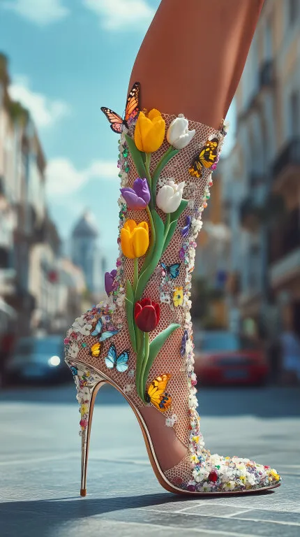 Fantasievoller Damen-High-Heel mit bunten Blumen und Schmetterlingen