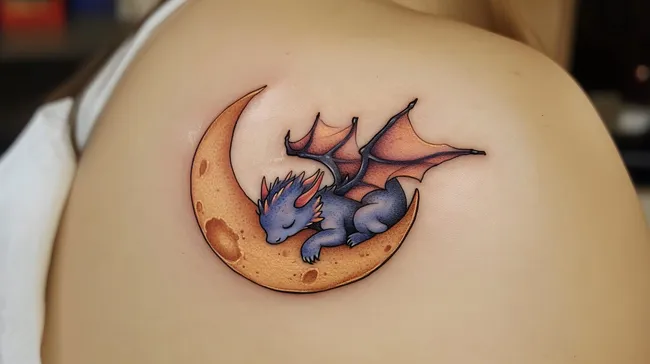 Fantasievoller Drachentattoo auf Sichelmond
