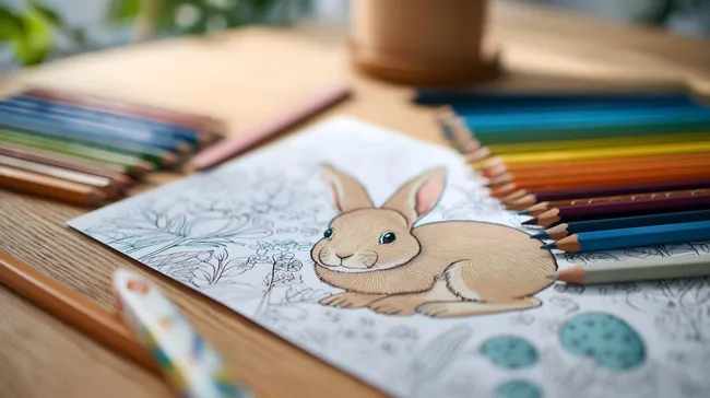 Fantasievoller Hasenmotiv-Ausmalbogen mit Farbstiften