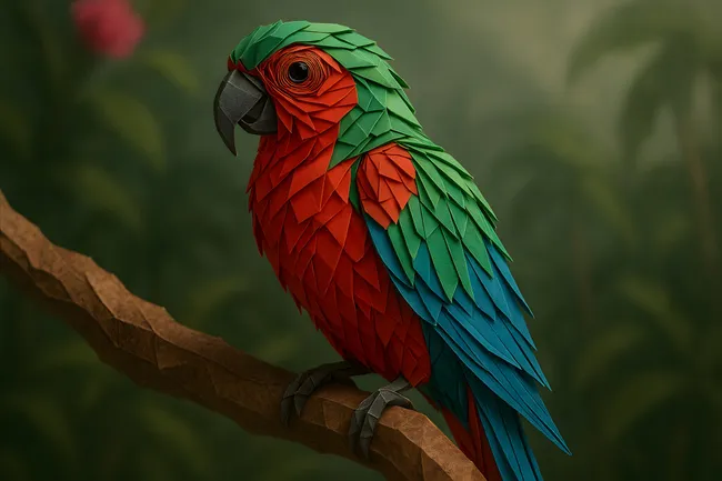 Fantasievoller Origami-Papagei auf Ast
