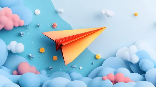 Fantasievoller Papierflugzeug-Werbeentwurf mit Wolken