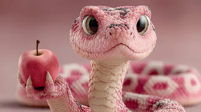 Fantasievoller Schlangenkopf mit rotem Apfel