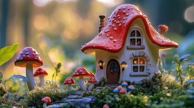 Fantasievolles Pilzhaus mit rotem Dach und Laternen