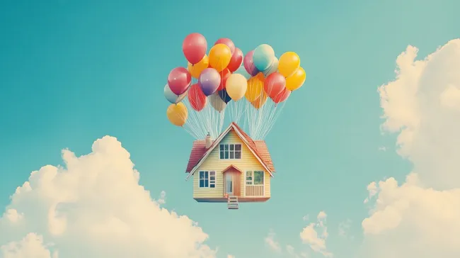 Fantasievolles Traumhaus mit bunten Luftballons