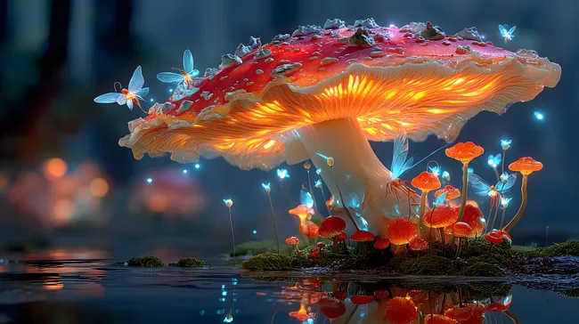 Fantastischer Pilzwald mit leuchtenden Feen und Glühwürmchen