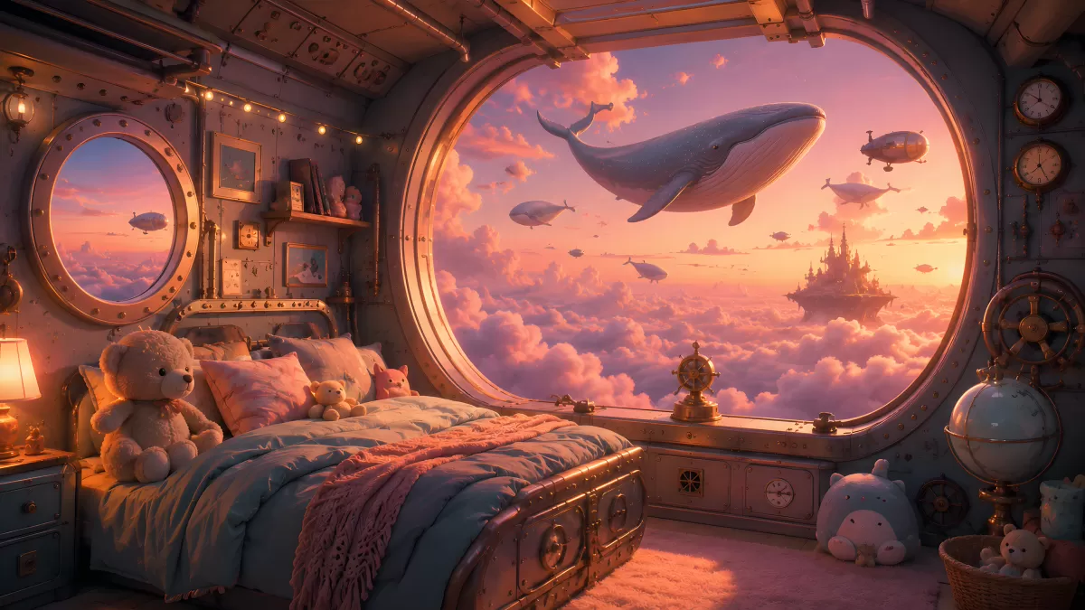 Fantasy-Kinderzimmer mit fliegenden Walen über den Wolken