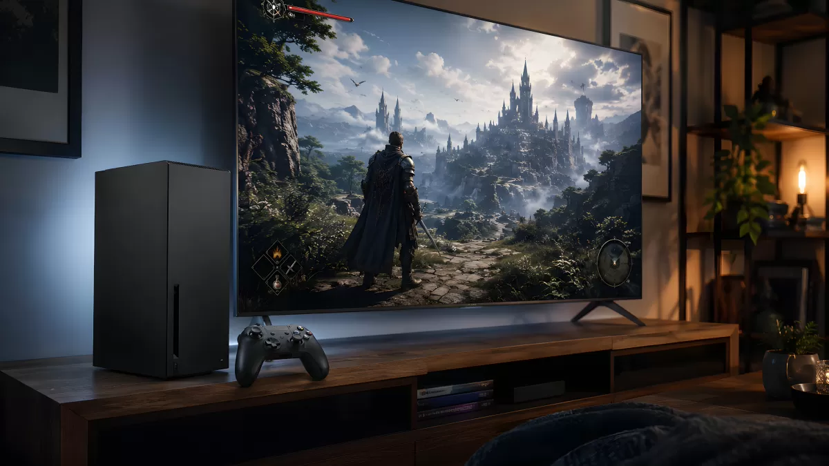 Fantasy-Rollenspiel auf großem Fernseher im Wohnzimmer