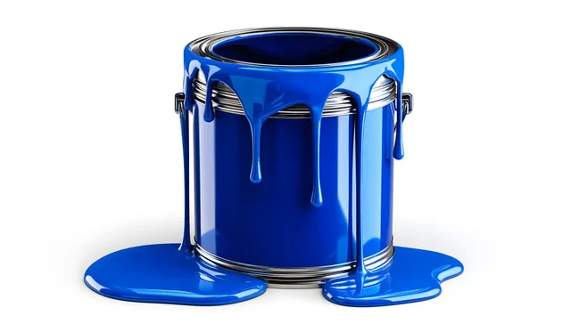Farbdose mit blau überlaufender Farbe auf weißem Hintergrund