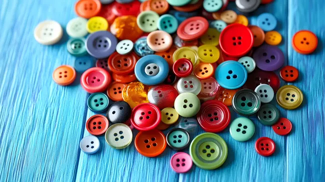 Farbenfreude - Bunte Knöpfe auf blauem Holzhintergrund