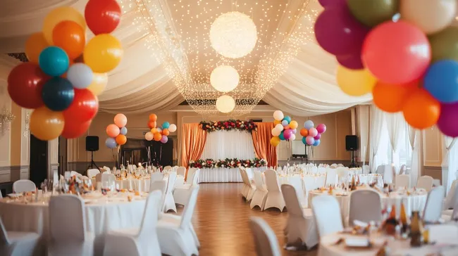 Farbenfreudige Hochzeitslocation mit Ballondekoration