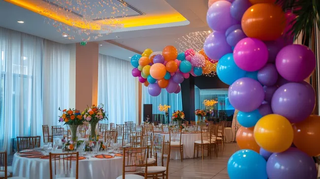 Farbenfroh dekorierter Festsaal mit Ballons