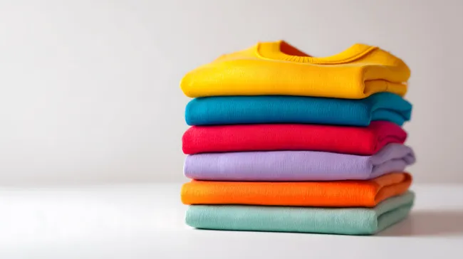 Farbenfroh gestapelte Kleidungsstücke auf weißem Hintergrund