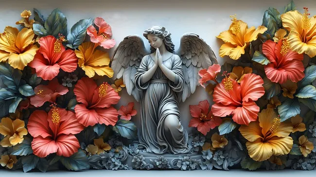 Farbenfrohe 3D-Engelsstatue umgeben von tropischen Blumen