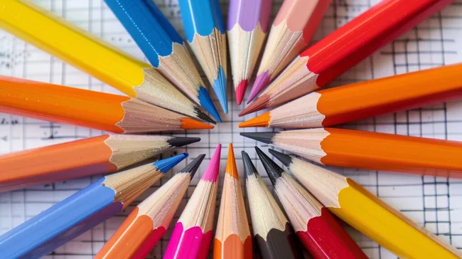 Farbenfrohe Buntstifte in geometrischer Anordnung