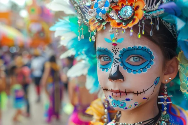 Farbenfrohe Catrina-Verkleidung beim Tag der Toten-Fest